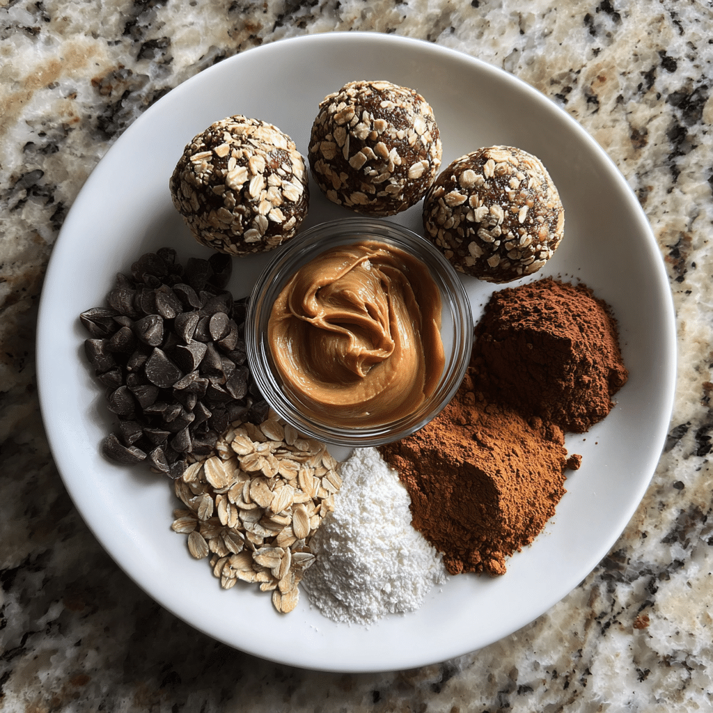 High Protein Brownie Balls – The Best 10-Min Breakfast Snack 7 Flat lay of oats, nut butter, cocoa, and protein powder for high protein brownie balls