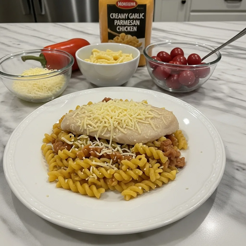 Real raw ingredients of Creamy Garlic Parmesan Chicken with Cheesy Twisted Pasta