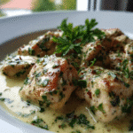 chicken bites with creamy garlic sauce served hot in skillet