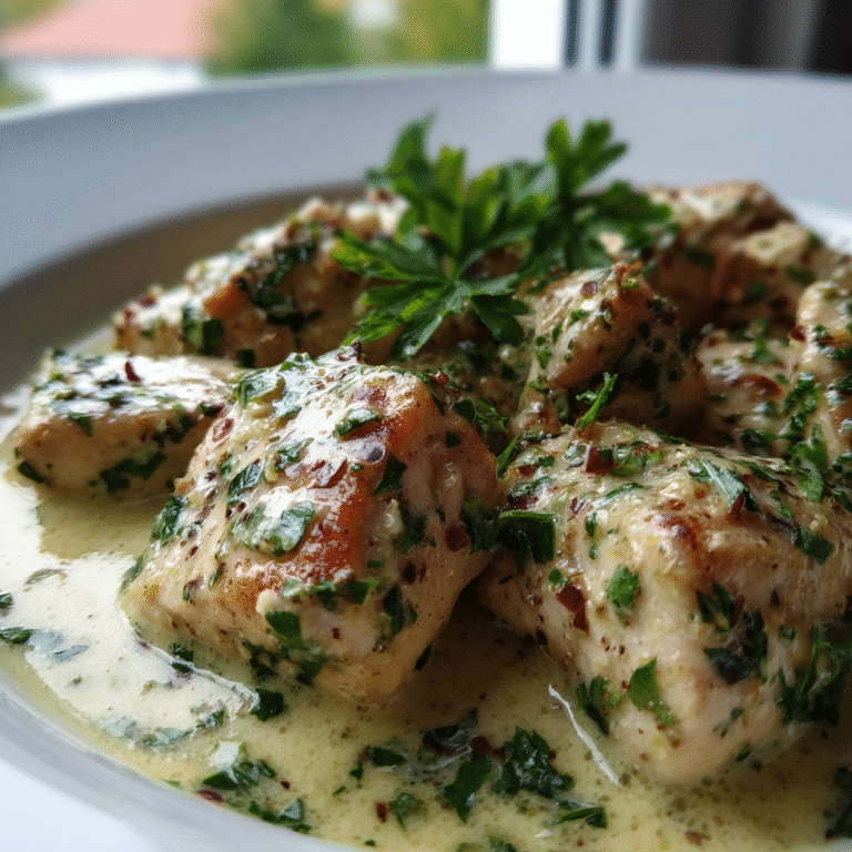 Chicken Bites with Creamy Garlic Sauce – The Best 1-Skillet Dinner 7 chicken bites with creamy garlic sauce served hot in skillet