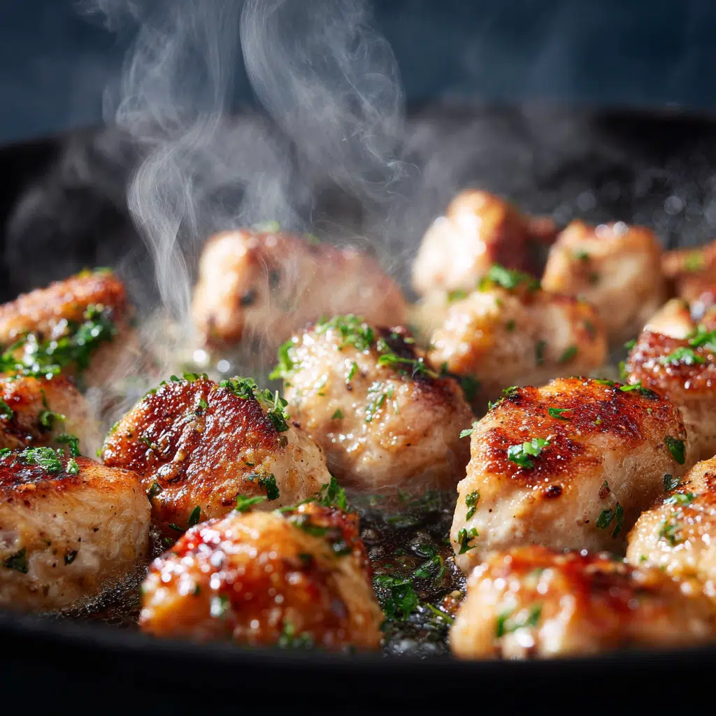 Chicken Bites with Creamy Garlic Sauce – The Best 1-Skillet Dinner 9 searing chicken bites for creamy garlic sauce in skillet