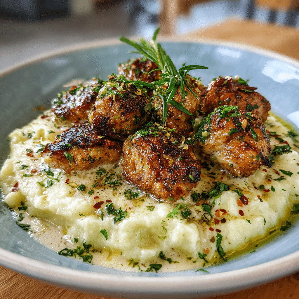 Chicken Bites with Creamy Garlic Sauce – The Best 1-Skillet Dinner 10 chicken bites with creamy garlic sauce served over cauliflower mash