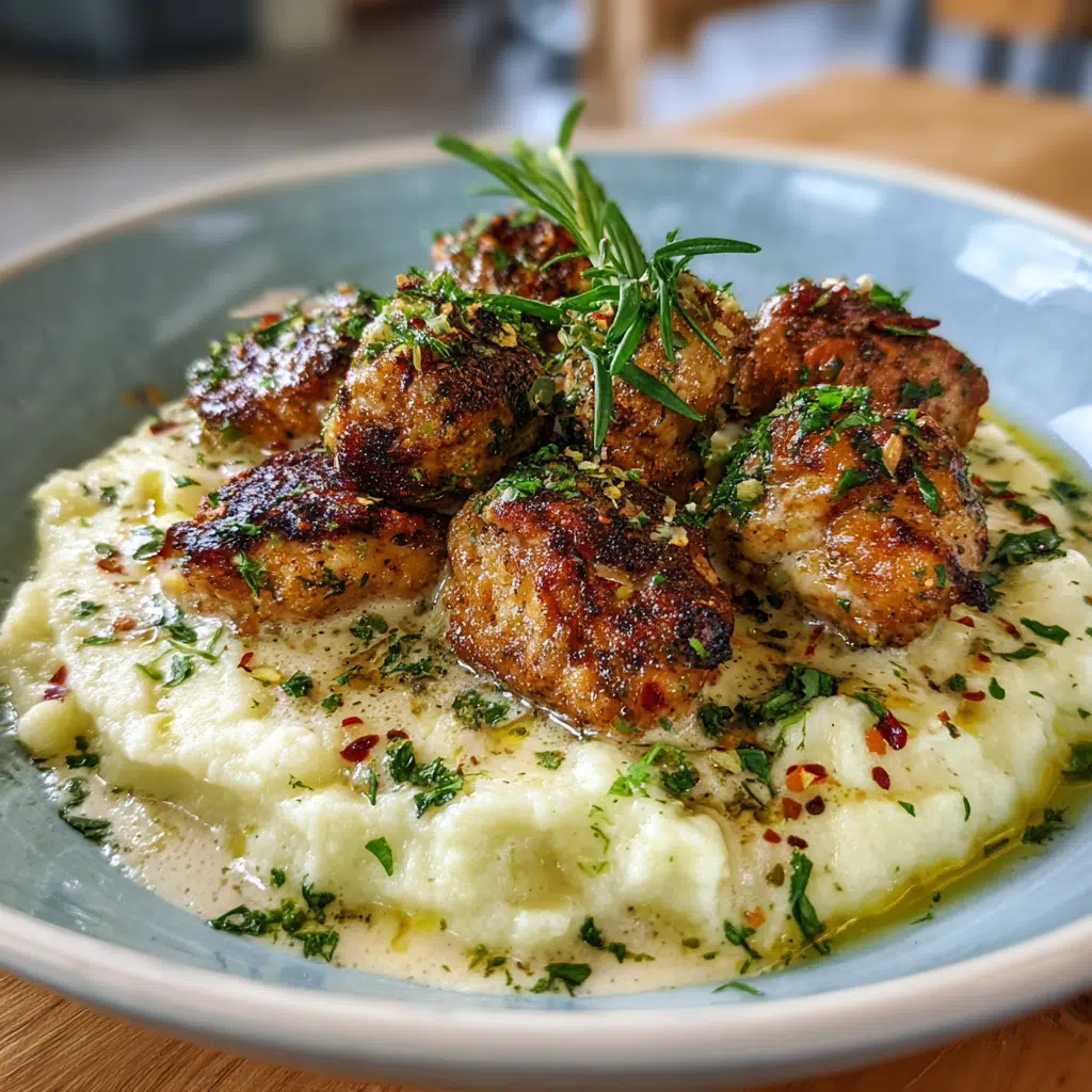 Chicken Bites with Creamy Garlic Sauce – The Best 1-Skillet Dinner 10 chicken bites with creamy garlic sauce served over cauliflower mash