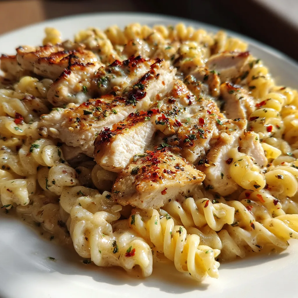 Creamy Garlic Parmesan Chicken with Cheesy Twisted Pasta 4 Creamy garlic parmesan chicken with cheesy twisted pasta in a bowl