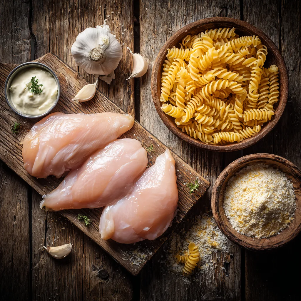 Creamy Garlic Parmesan Chicken with Cheesy Twisted Pasta 5 Ingredients for creamy garlic parmesan chicken with twisted pasta