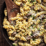 One pot creamy beef and garlic butter pasta