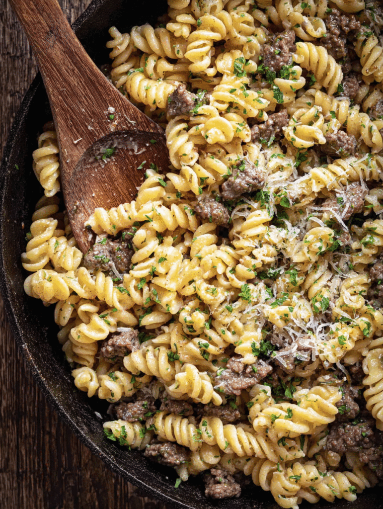 Quick One Pot Creamy Beef and Garlic Butter Pasta in 30 Minutes 4 One pot creamy beef and garlic butter pasta