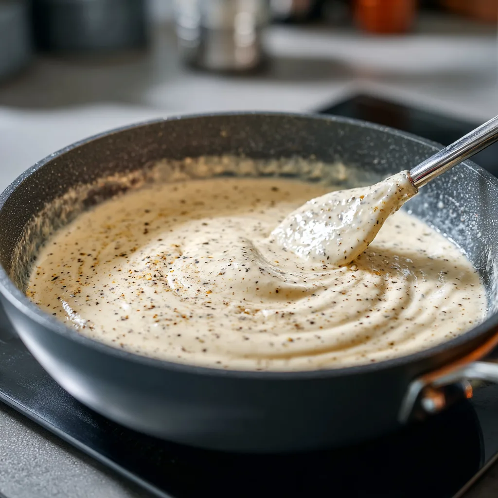 Creamy Garlic Parmesan Chicken with Cheesy Twisted Pasta 6 Stirring creamy garlic parmesan sauce in pan