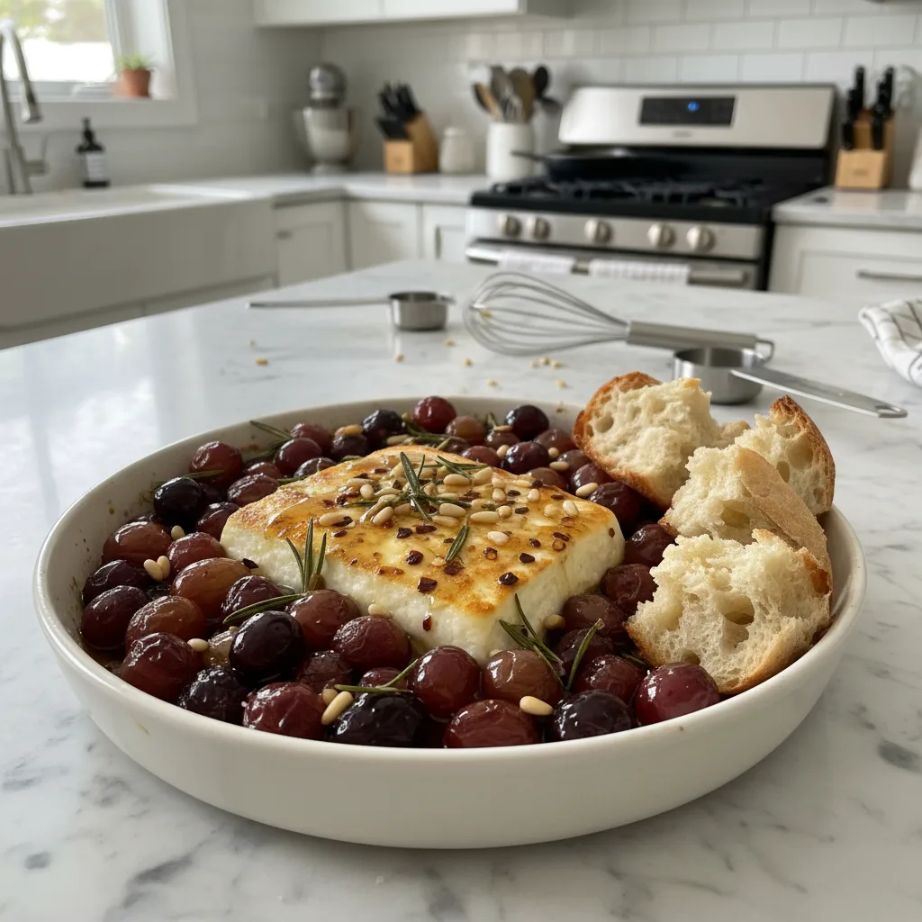 Tangy Baked Feta with Roasted Grapes, Hot Honey & Rosemary