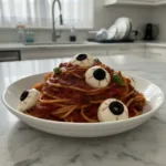 bloody spaghetti with mozzarella eyeballs hallowee featured