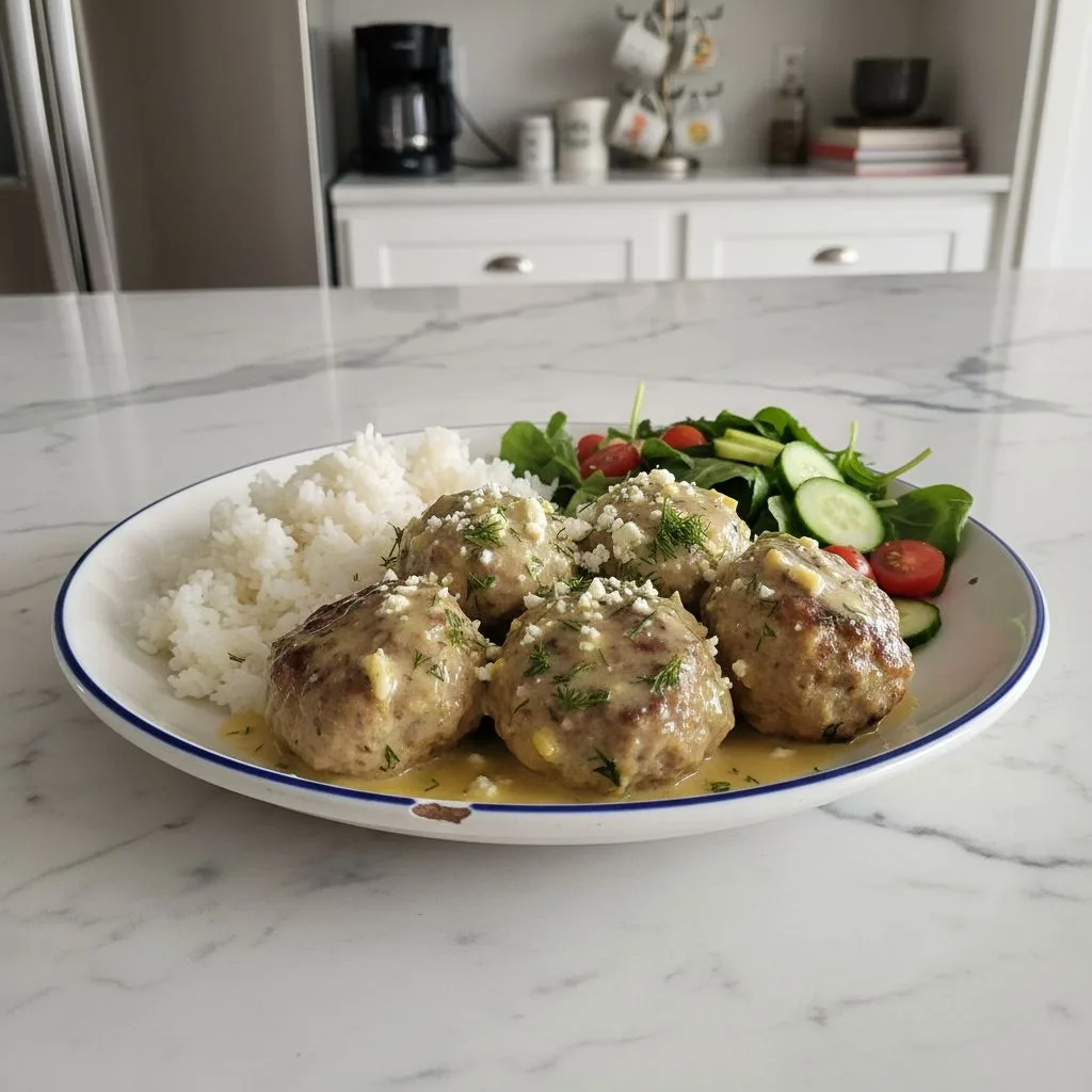Tender Greek Chicken Meatballs with Zesty Feta Sauce