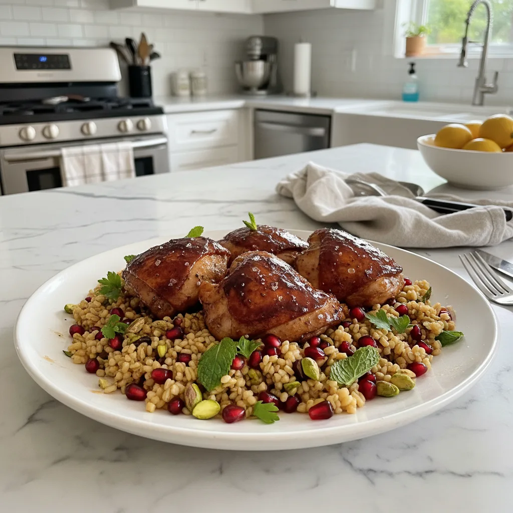 Tangy Pomegranate-Glazed Chicken Thighs & Jeweled Farro