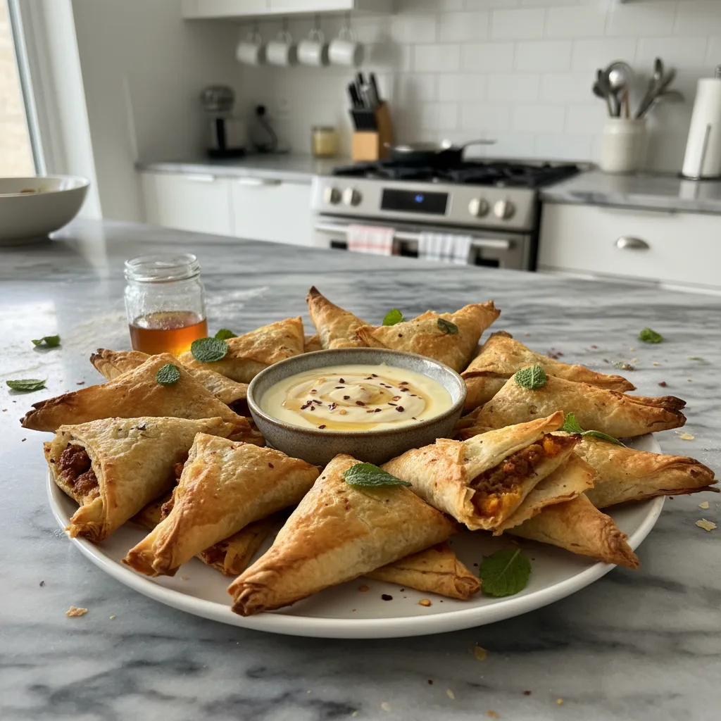 Spiced Lamb & Pumpkin Phyllo Triangles with Hot Honey Dip