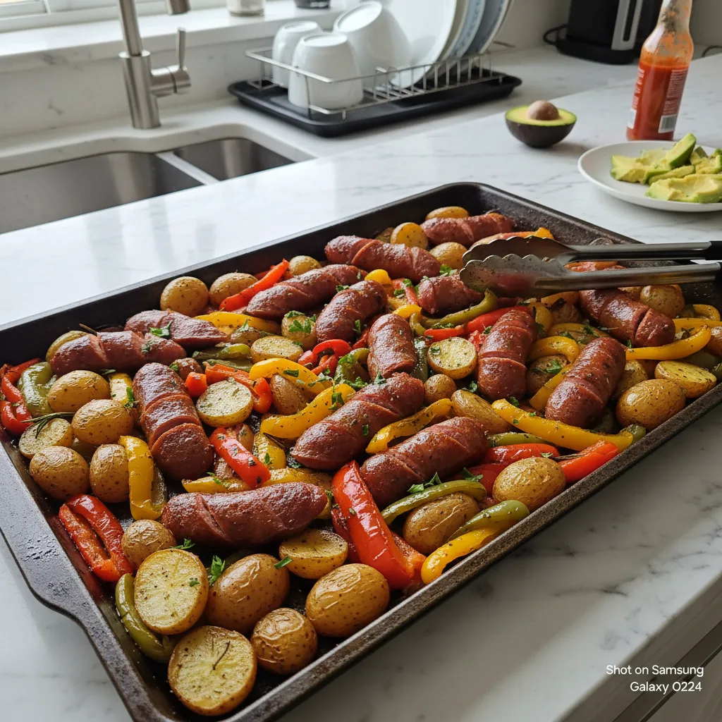 Rustic Sheet Pan Sausage, Peppers & Potatoes Dinner 4 Recipe image