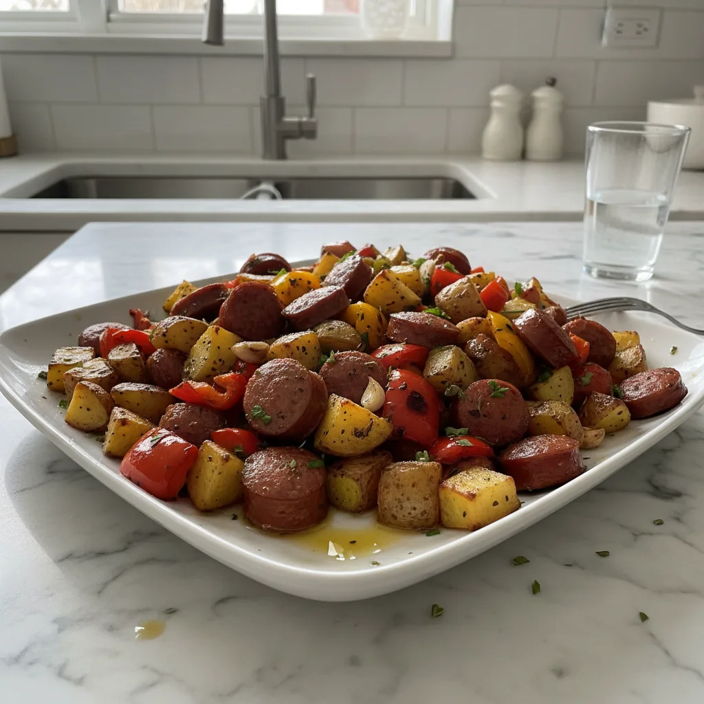 Rustic Sheet Pan Sausage, Peppers & Potatoes Dinner 5 Recipe image