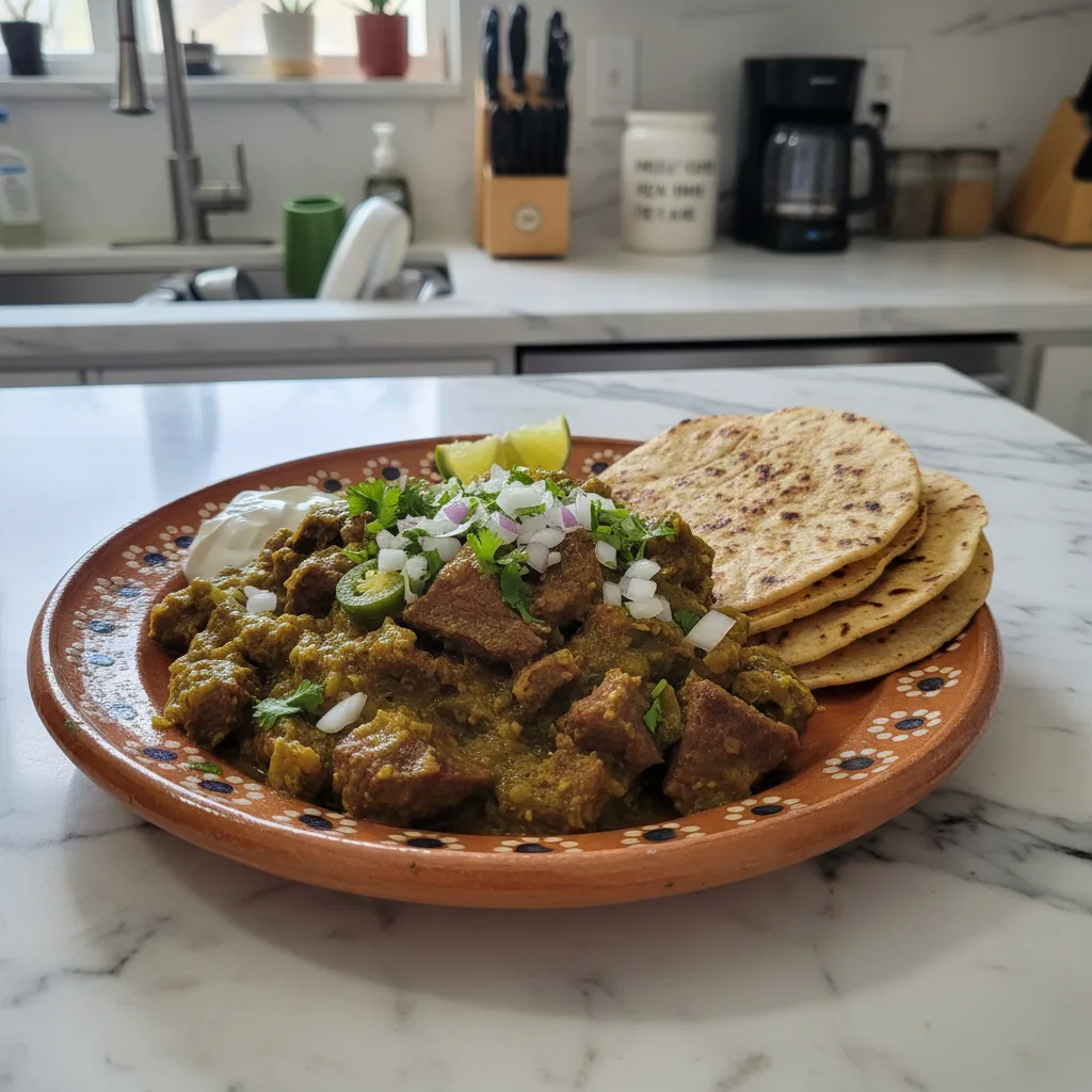 tender mexican style chile verde beef stew featured