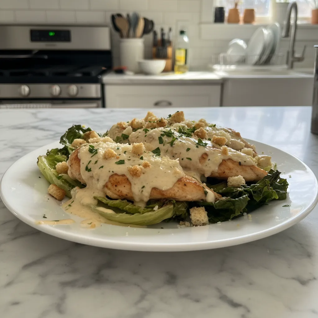 baked caesar chicken with creamy parmesan sauce featured