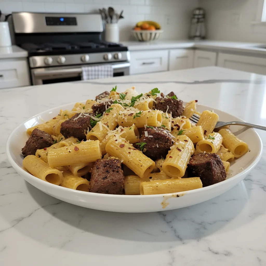 cajun steak tips in cheesy rigatoni parmesan sauce featured 1
