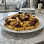 cajun steak tips in cheesy rigatoni parmesan sauce featured