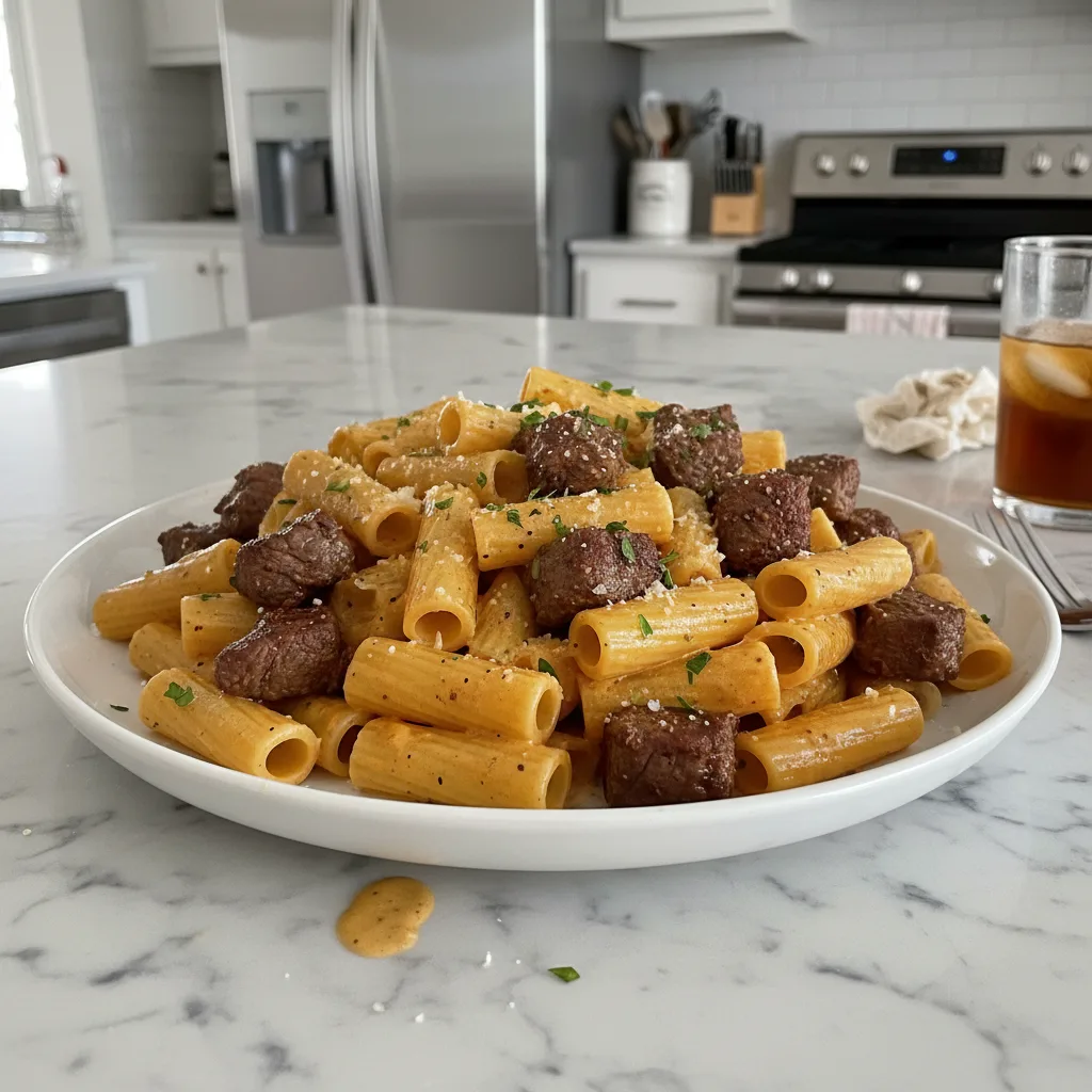 Cajun Steak Tips & Cheesy Rigatoni Parmesan Sauce