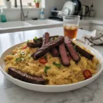Hearty Creamy Queso Rice with Steak Strips 6 creamy queso rice with juicy steak strips featured