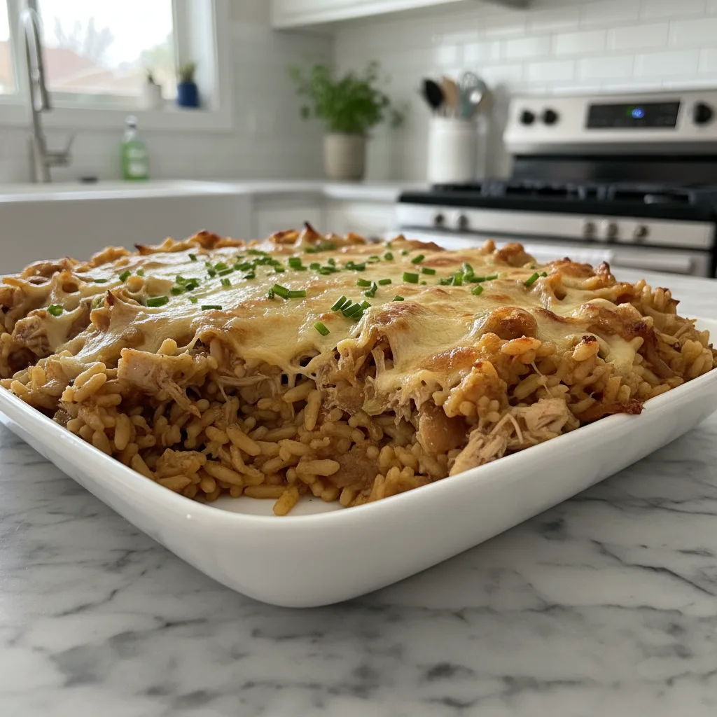 french onion chicken orzo casserole featured