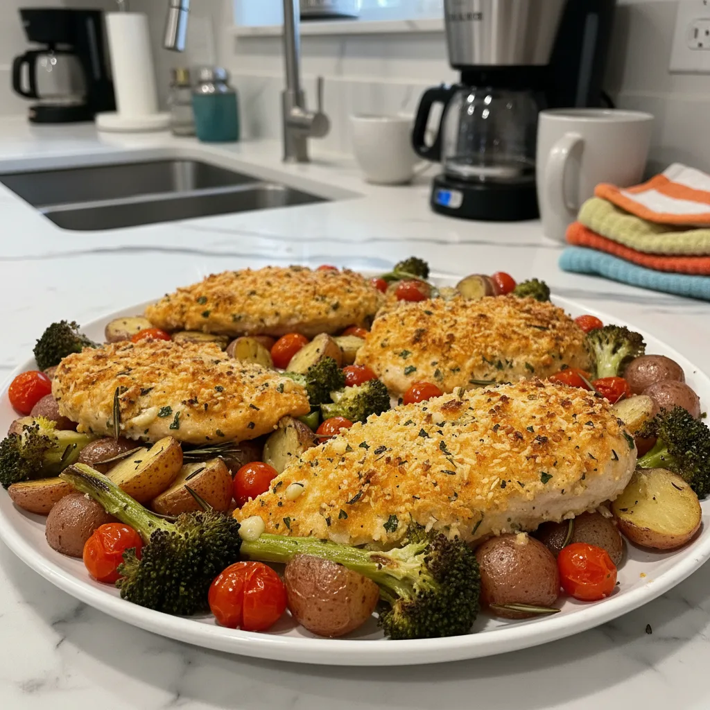 Crispy Parmesan Crusted Chicken Sheet Pan Dinner