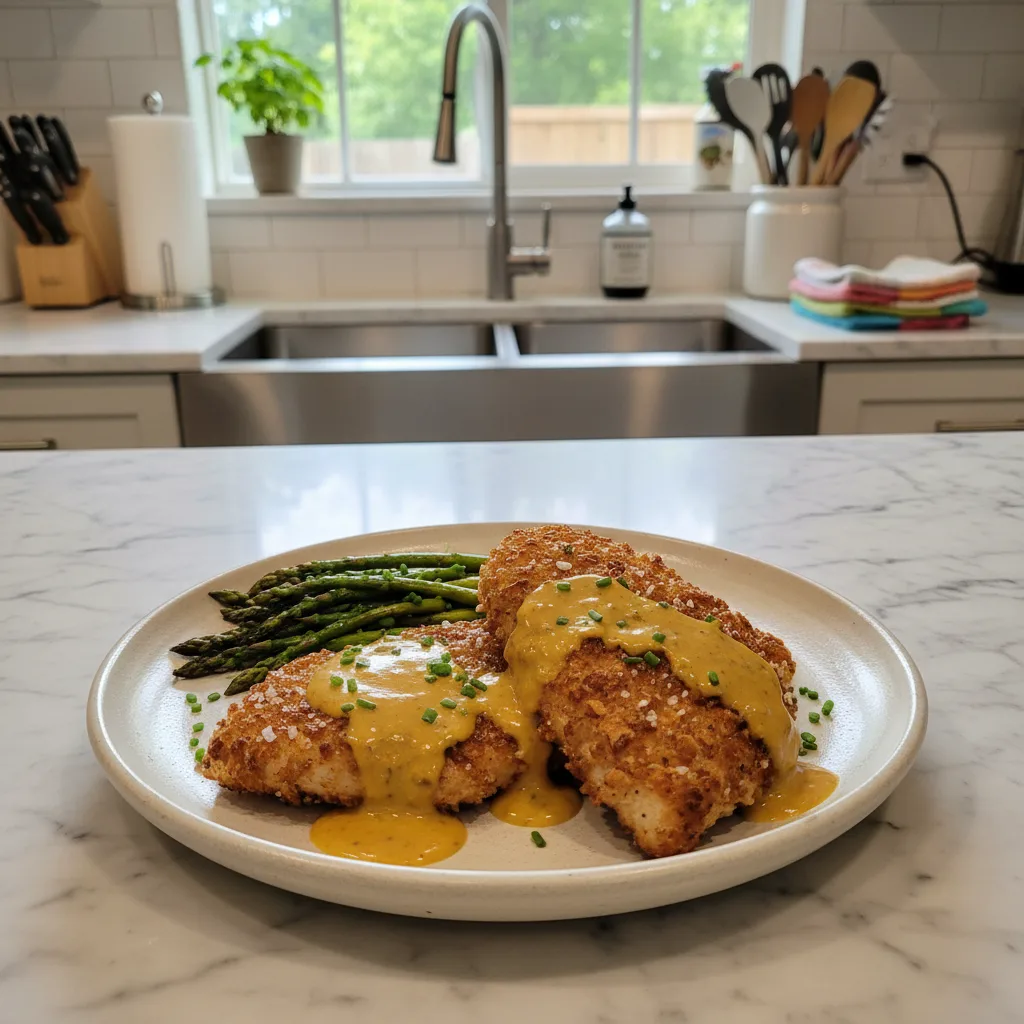 Crispy Pretzel Chicken with Tangy Mustard-Cheddar Sauce