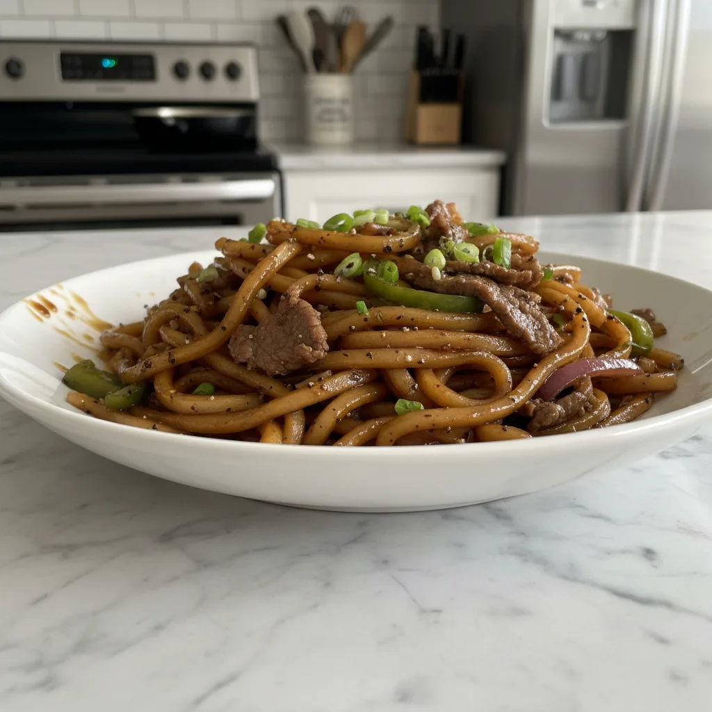 quick and flavorful beef black pepper udon featured