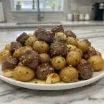 quick irresistible garlic steak bites and potatoes featured