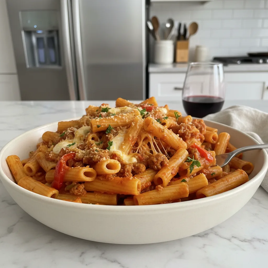 spicy sausage rigatoni that feels like a hug in a featured