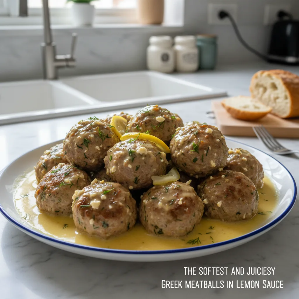 the softest and juiciest greek meatballs in lemon featured