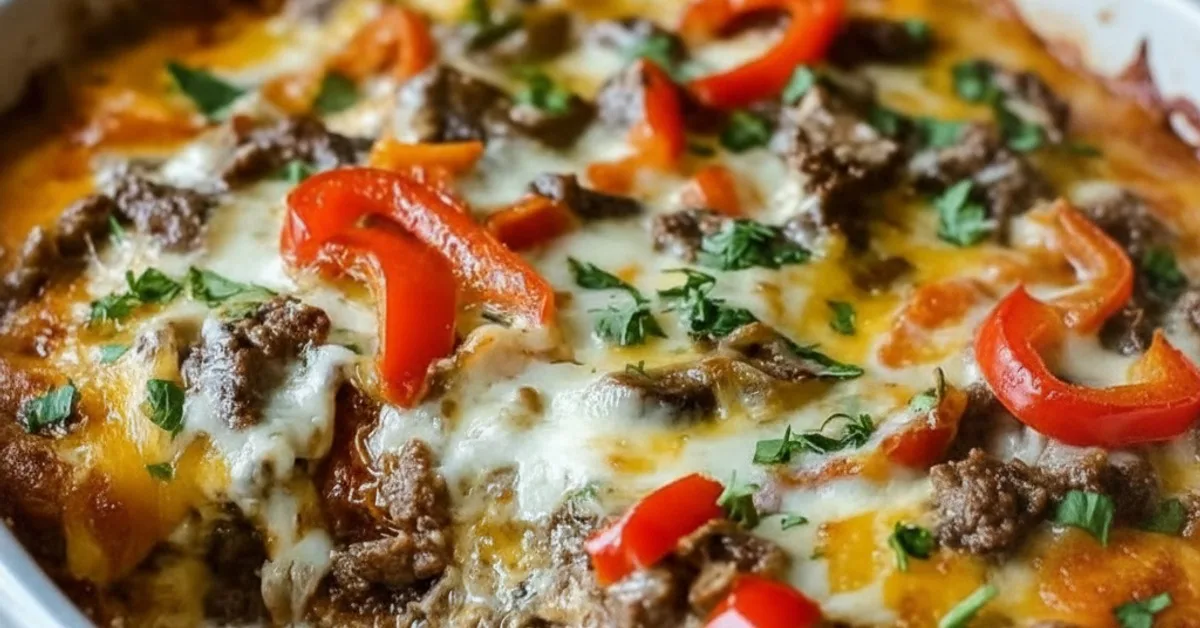 The Ultimate High Protein Low Carb Philly Cheesesteak Casserole 4 Recipe image