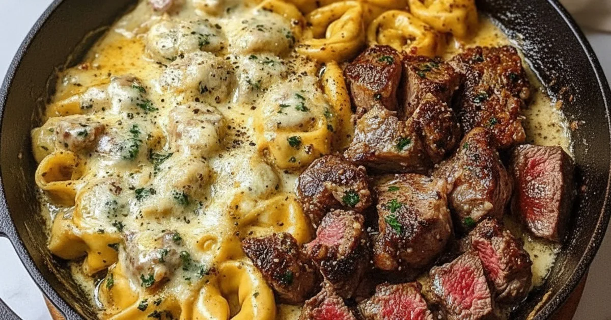 Irresistible: The Best Garlic Steak & Cheese Tortellini Skillet