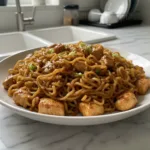 sticky garlic chicken noodles featured